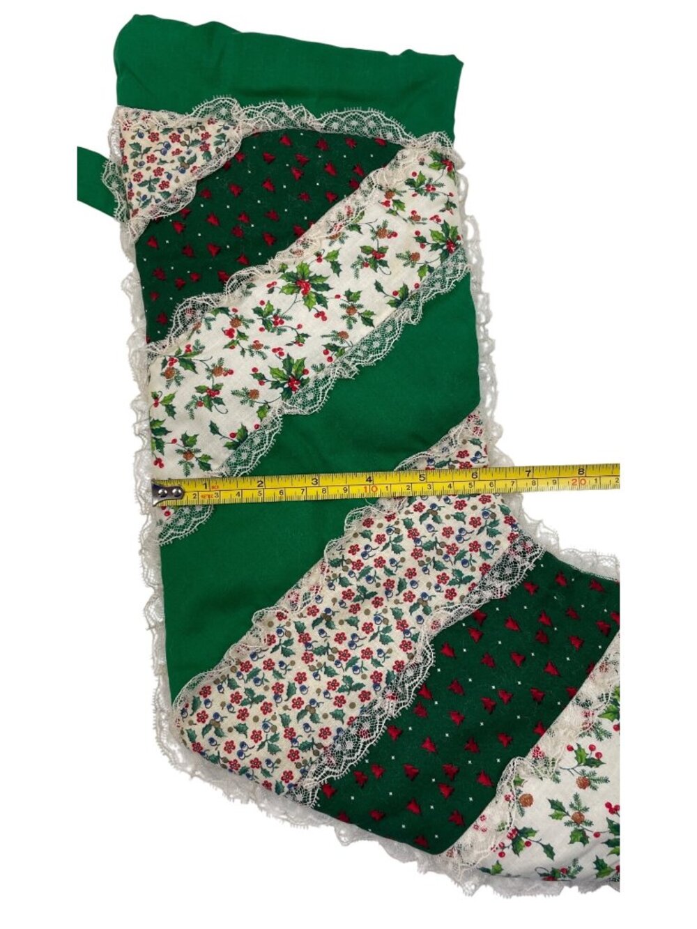 Handmade Vintage Christmas Stocking Green Patchwork Lace Trimmed - Picture 8 of 8